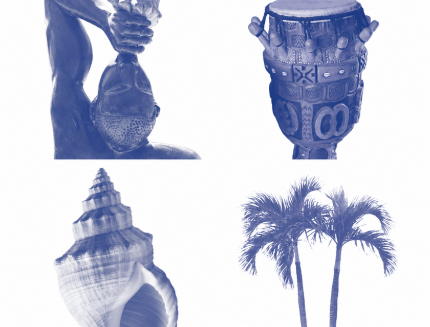Four blue-toned panels showing a carved figure, a decorated drum, a spiral seashell, and two palm trees.